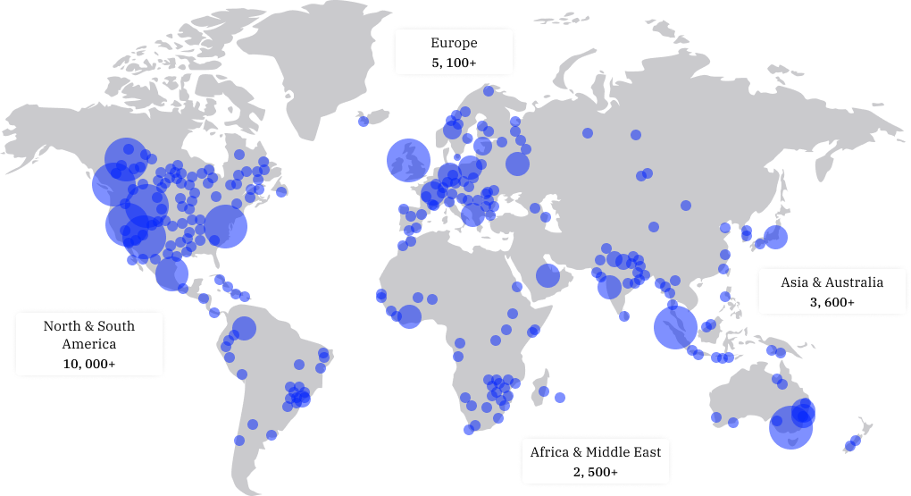 World map showing the Quantic School of Business and Technology global network, with student and alumni counts by region: North and South America 10,000+, Europe 5,100+, Asia and Australia 3,600+, and Africa and the Middle East 2,500+.